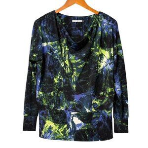 Issey Miyake Cowl Neck Blouse Top Artsy Abstract Slinky Knit Black Blue Size 2